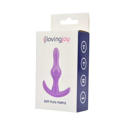 Loving Joy purple butt plug, a smooth silicone anal toy designed for comfort and pleasure.