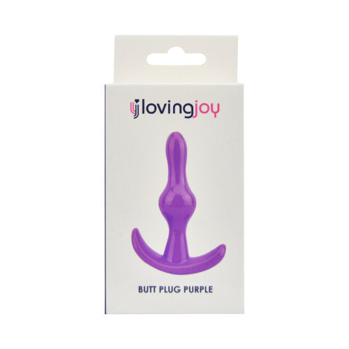 Purple Loving Joy butt plug, a smooth silicone anal toy designed for comfort and pleasure, shown in its packaging.