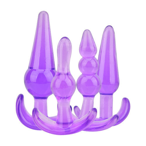 Loving Joy purple butt plug training kit with multiple sizes for beginners, featuring smooth, body-safe silicone material.