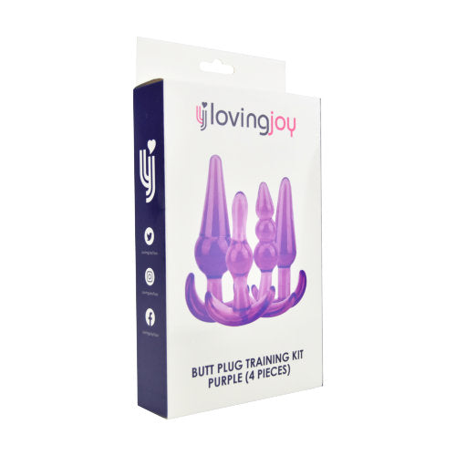 Loving Joy purple butt plug training kit with multiple sizes for beginner anal play, featuring smooth silicone design.
