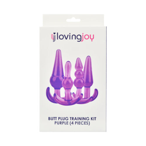 Loving Joy purple butt plug training kit with multiple sizes for beginner anal play, made of smooth, body-safe material.