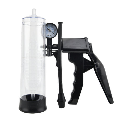 REV pistol grip penis pump with gauge for measuring pressure, designed for enhancing size and performance.