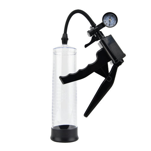 REV pistol grip penis pump with gauge for easy monitoring and enhanced performance.
