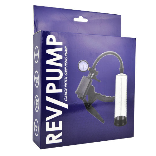 REV Pistol Grip Penis Pump with gauge, showcasing ergonomic design and clear measurement display for effective use.