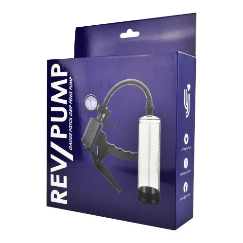 REV pistol grip penis pump with gauge, showcasing ergonomic design and clear measurement dial for effective use.