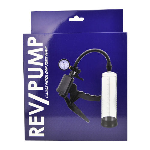 REV pump gauge pistol grip penis pump with clear gauge and ergonomic handle for easy use.