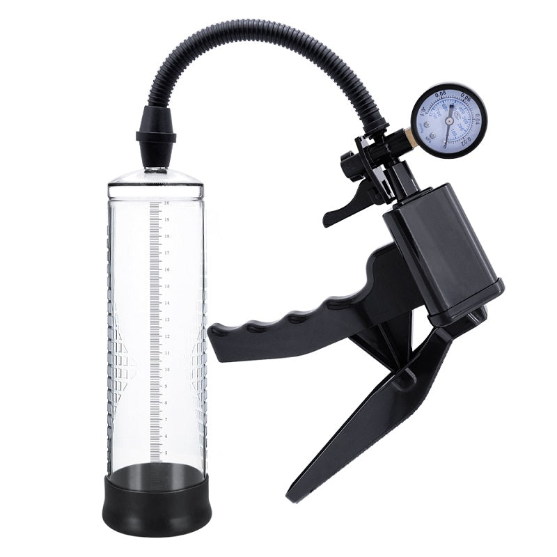 REV Pistol Grip Penis Pump with gauge, featuring ergonomic design and clear measurement for effective enlargement.
