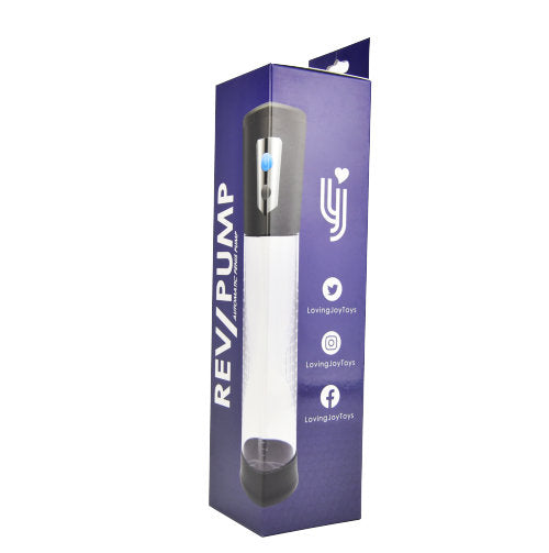 Rev Automatic Penis Pump with clear chamber and ergonomic handle, designed for effective enlargement and enhancement.