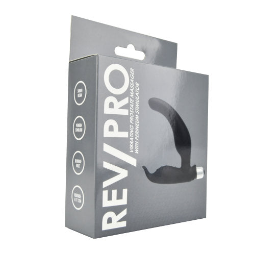 Rev Pro vibrating prostate massager with perineum stimulator, featuring sleek design and ergonomic shape for enhanced pleasure.