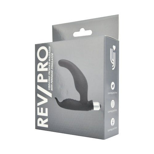 Rev-Pro vibrating prostate massager with perineum stimulator, showcasing ergonomic design and dual stimulation features.