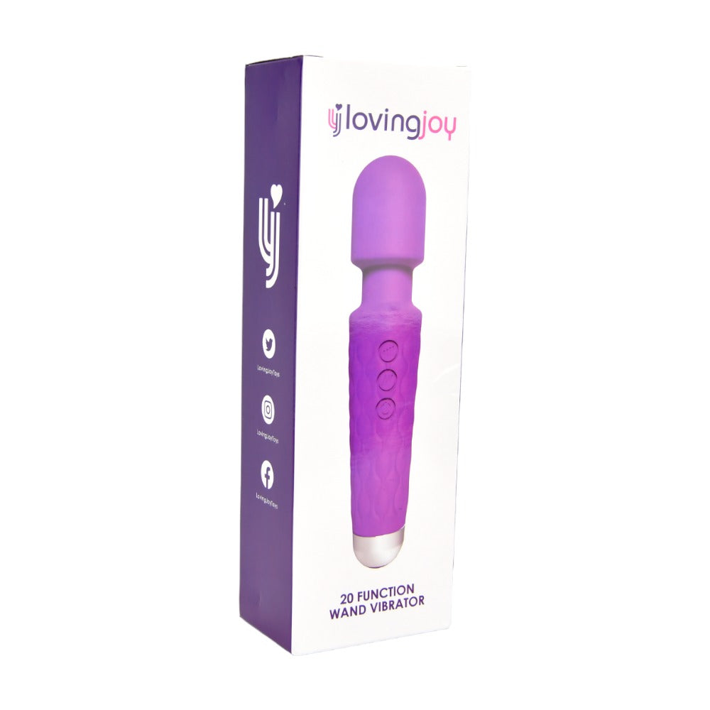 Loving Joy 20-function purple wand vibrator with ergonomic handle and adjustable settings, shown from the side.