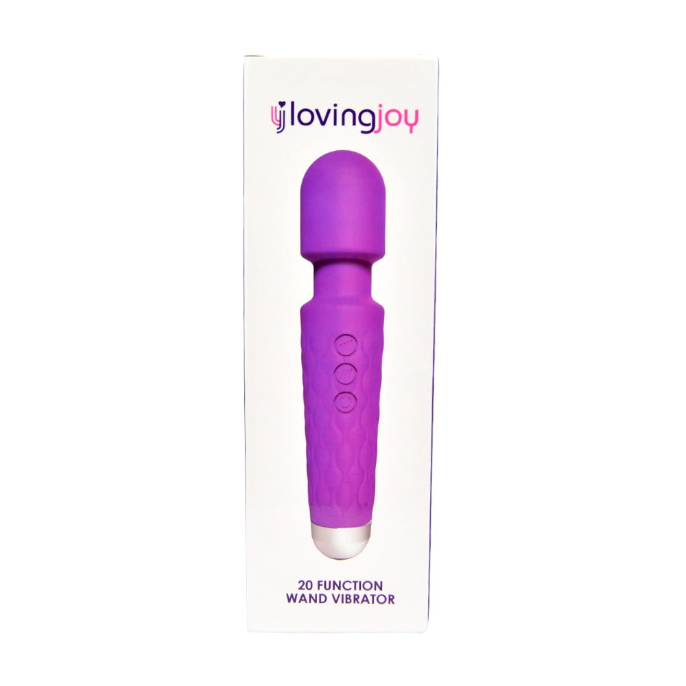 Loving Joy purple 20-function wand vibrator with ergonomic handle and smooth surface, designed for versatile personal pleasure.