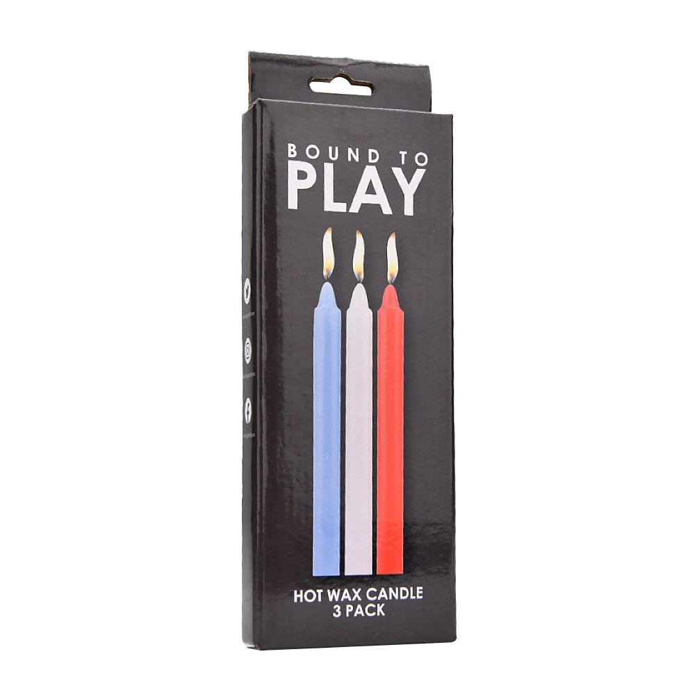Bound to Play hot wax candles 3-pack for massage and relaxation, with natural-colored wax and sleek packaging.