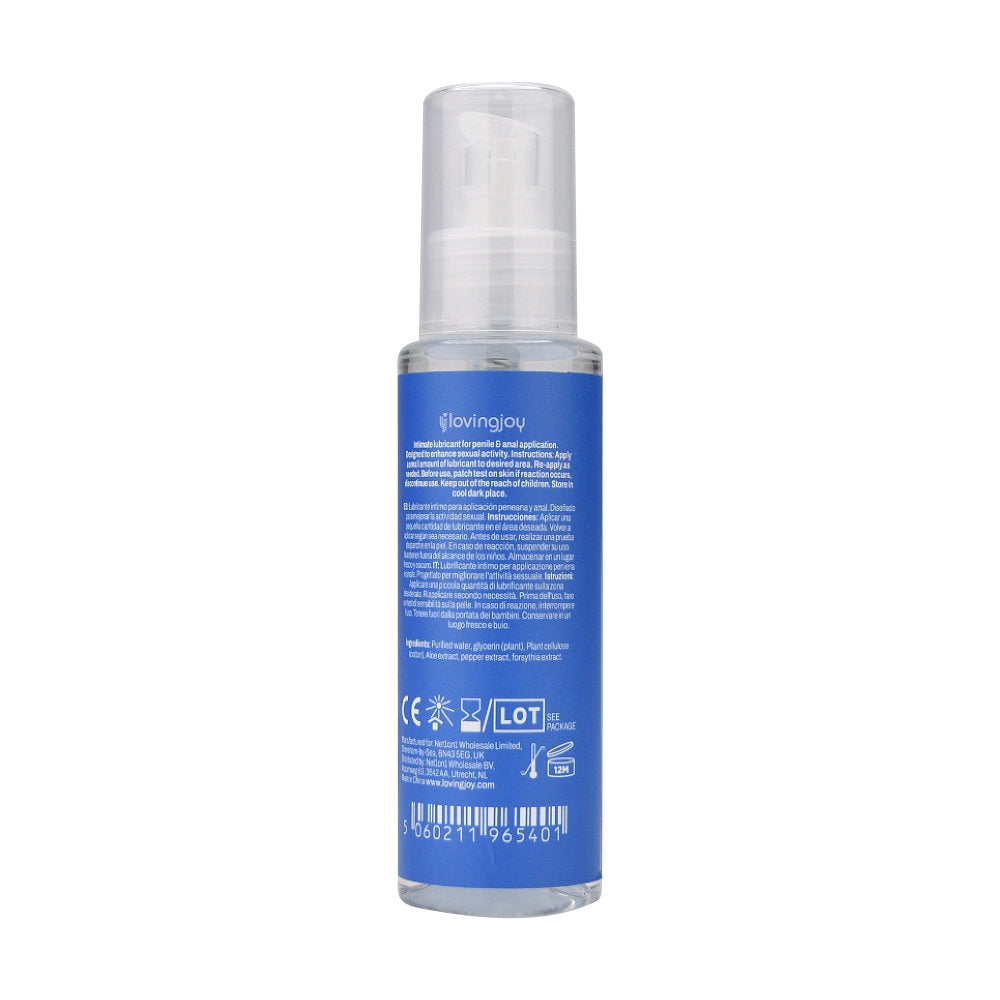 Loving Joy Aloe Infused Anal Lubricant 100ml bottle with clear packaging and label, showcasing the product from the back view.