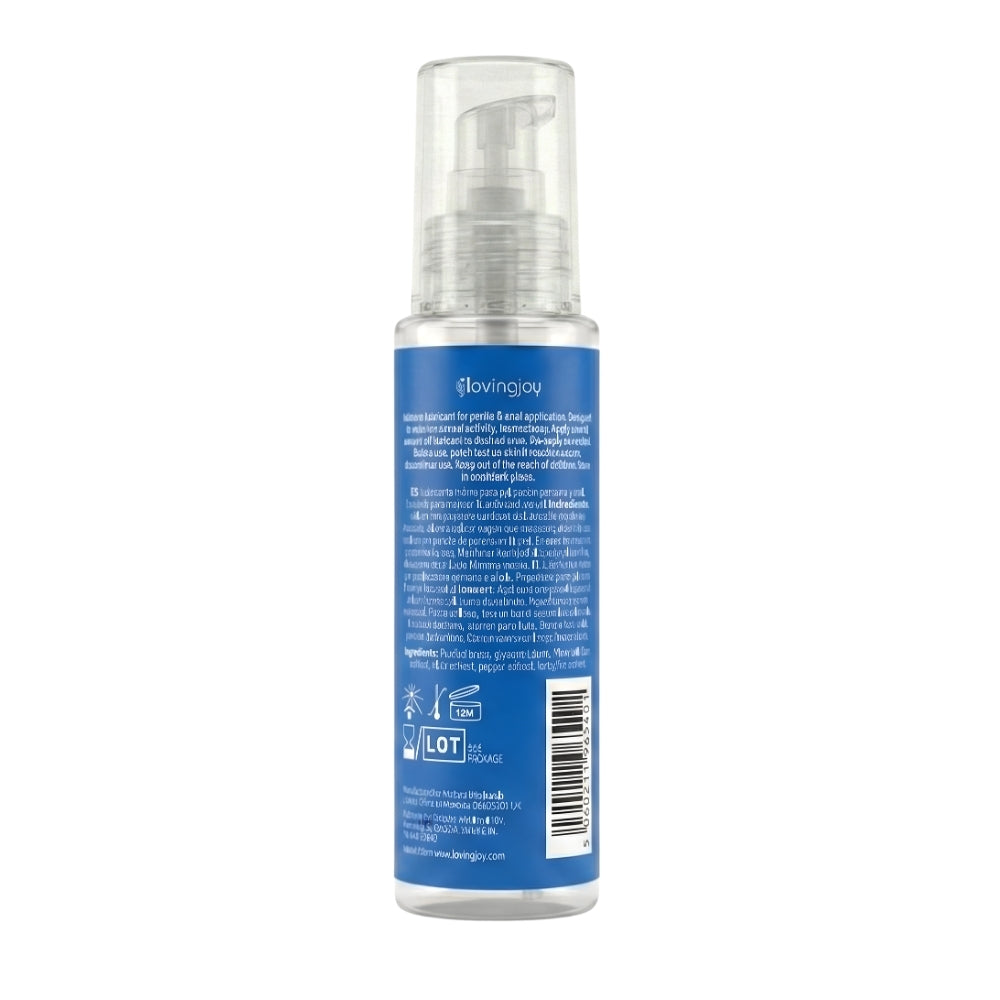 Loving Joy Aloe Infused Anal Lubricant 100ml bottle with clear label and white cap, designed for smooth, comfortable use.