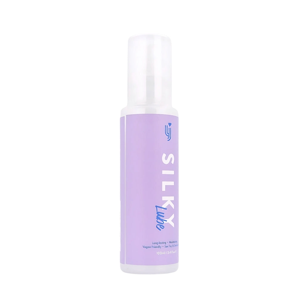 Loving Joy Silky Lubricant 100ml bottle showing smooth, clear liquid inside a transparent container with a white cap.
