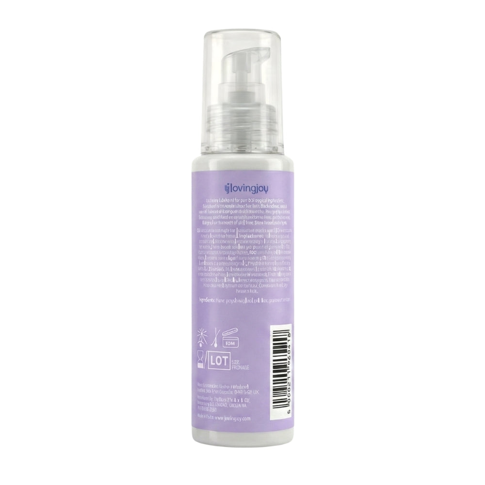 Loving Joy Silky Lubricant 100ml bottle showing smooth, clear liquid inside a transparent container with label details.