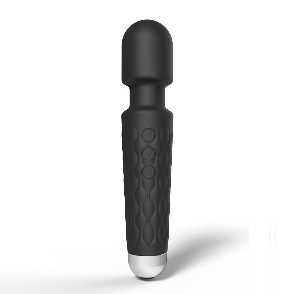 Black Loving Joy 20-function wand vibrator with multiple control options, shown with smooth, ergonomic design and flexible head.