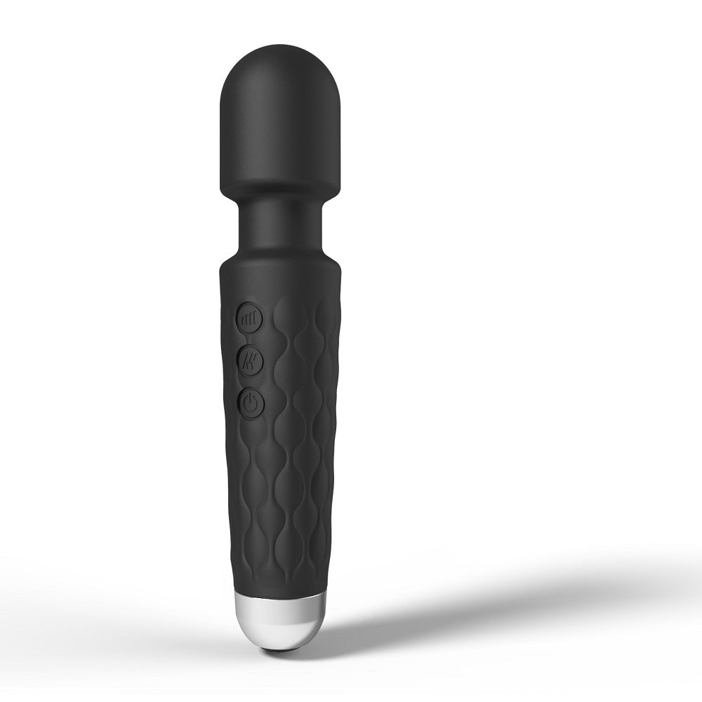 Loving Joy 20-function black wand vibrator showing its sleek design and control buttons, ideal for personal pleasure.