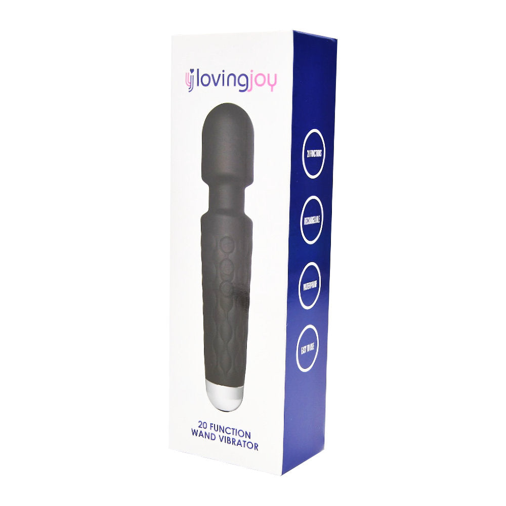 Black Loving Joy 20-function wand vibrator with ergonomic handle and multiple vibration settings, designed for personal pleasure.