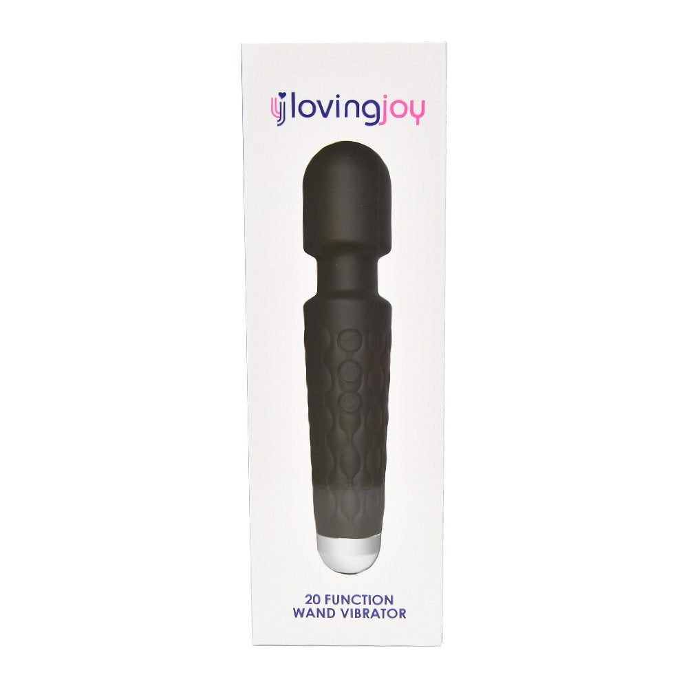 Black Loving Joy 20-function wand vibrator with textured handle and adjustable settings, designed for personal pleasure.