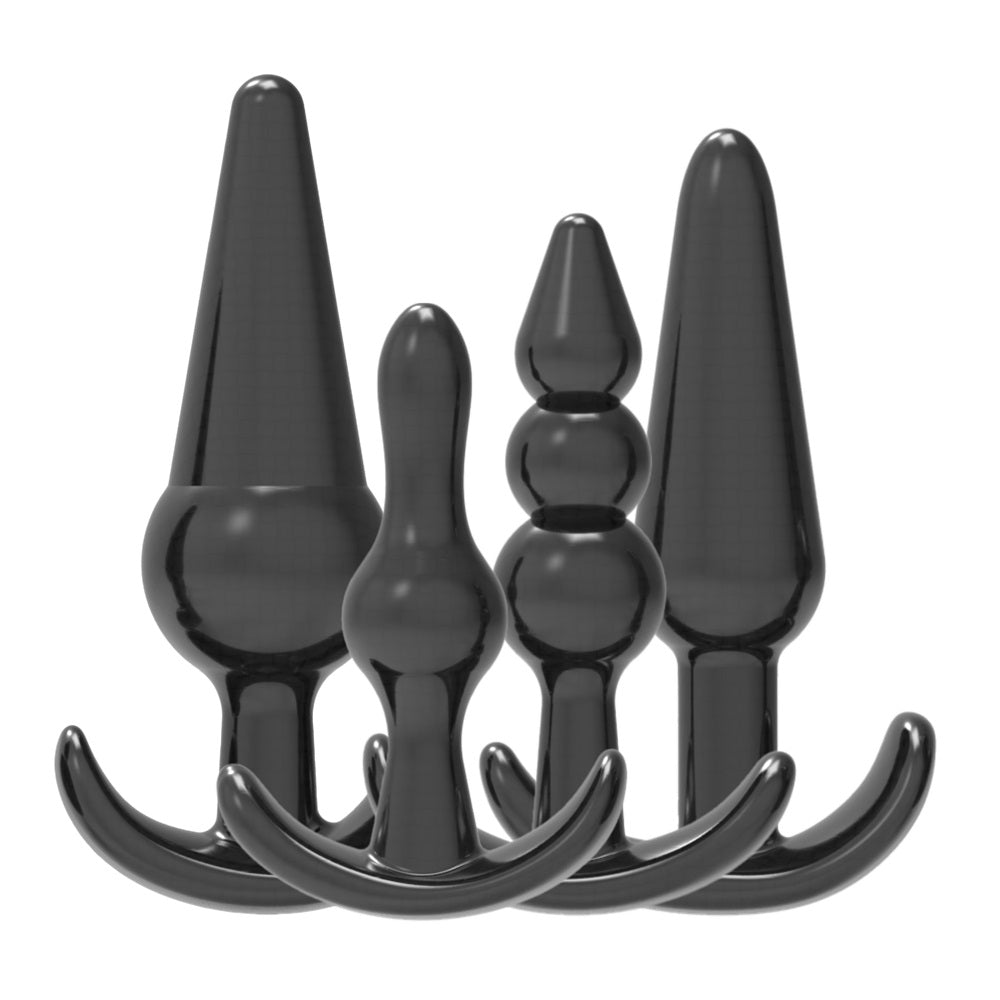 Loving Joy black butt plug training kit with anal beads, featuring multiple sizes for beginner anal pleasure and safe insertion.