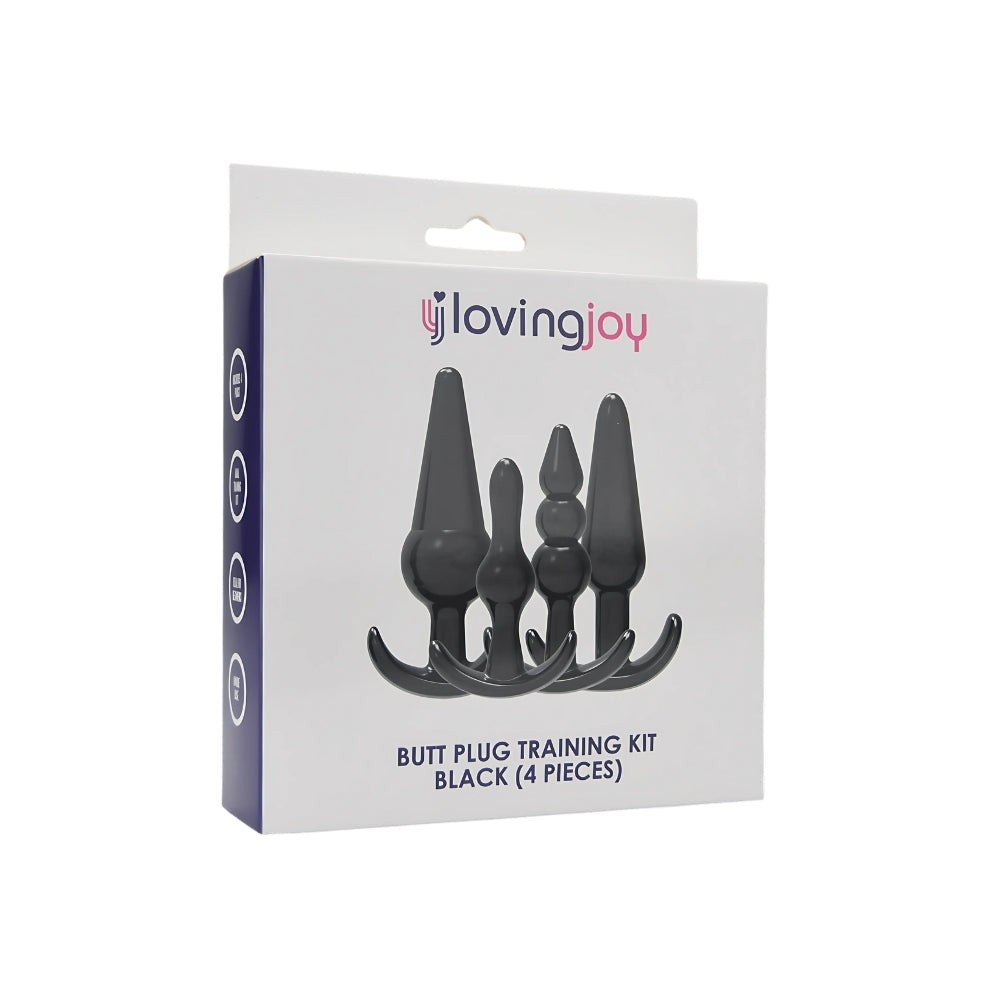 Black Loving Joy Butt Plug Training Kit with anal beads for beginner anal play, featuring adjustable sizes and smooth silicone material.