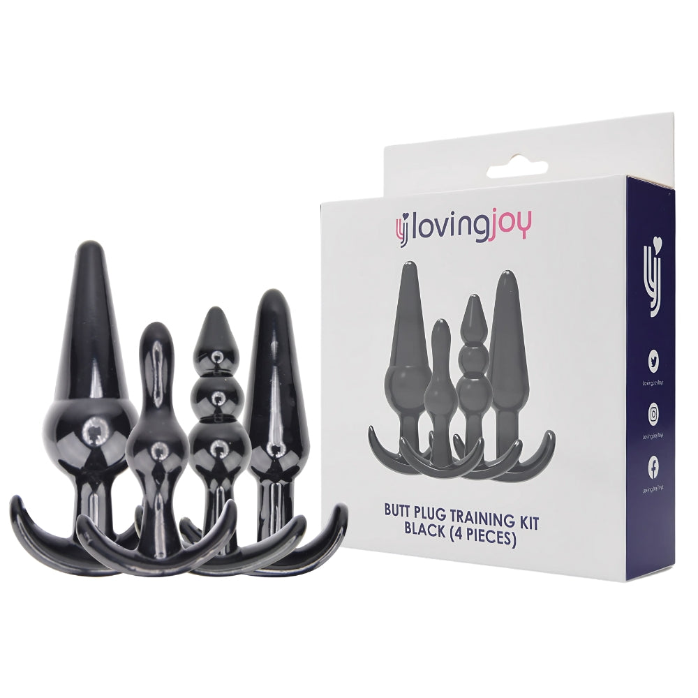 Black Loving Joy Butt Plug Training Kit with anal beads, featuring multiple sizes for beginner anal play, shown side by side.