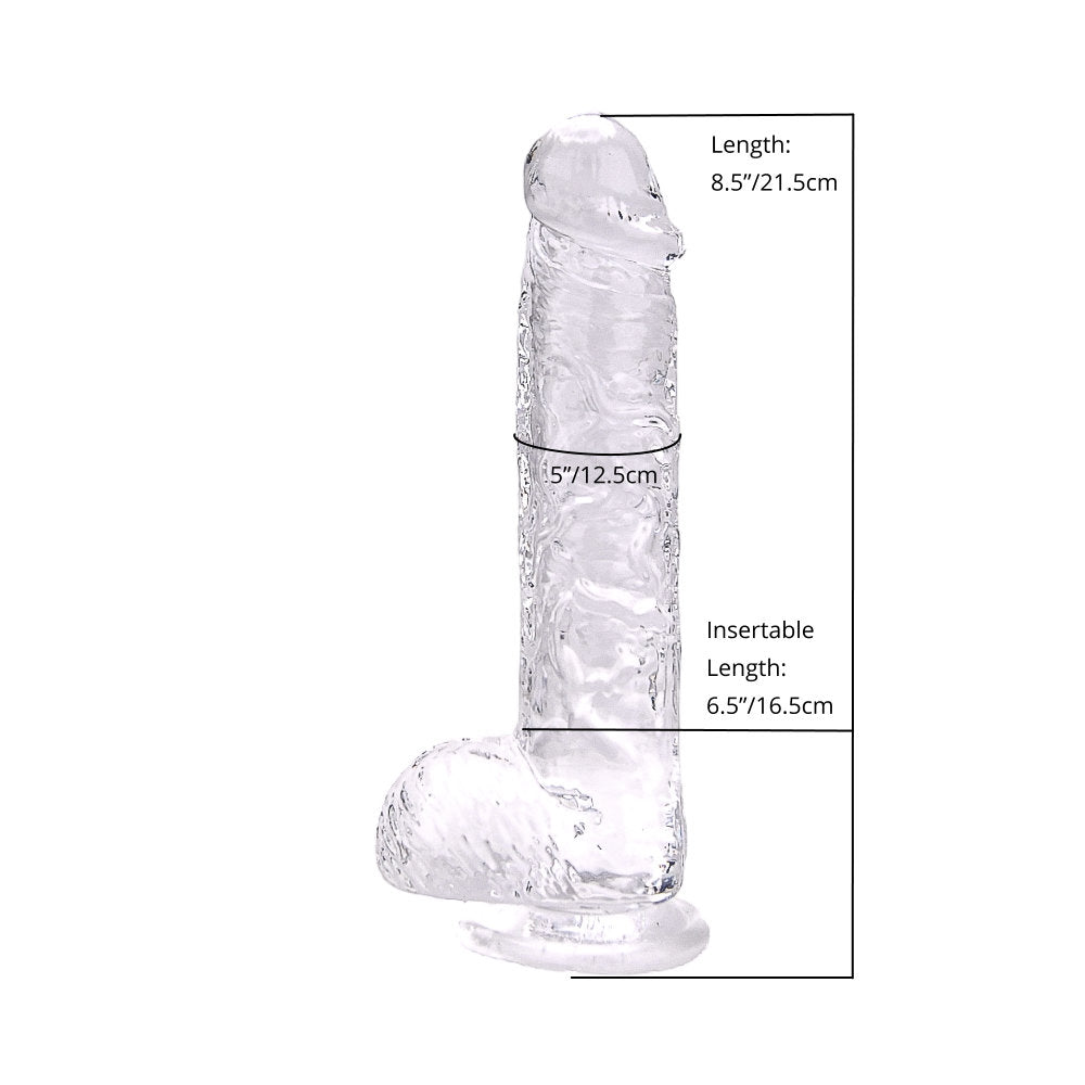 Loving Joy 8-inch clear dildo with attached balls, realistic design, and smooth surface for adult pleasure.