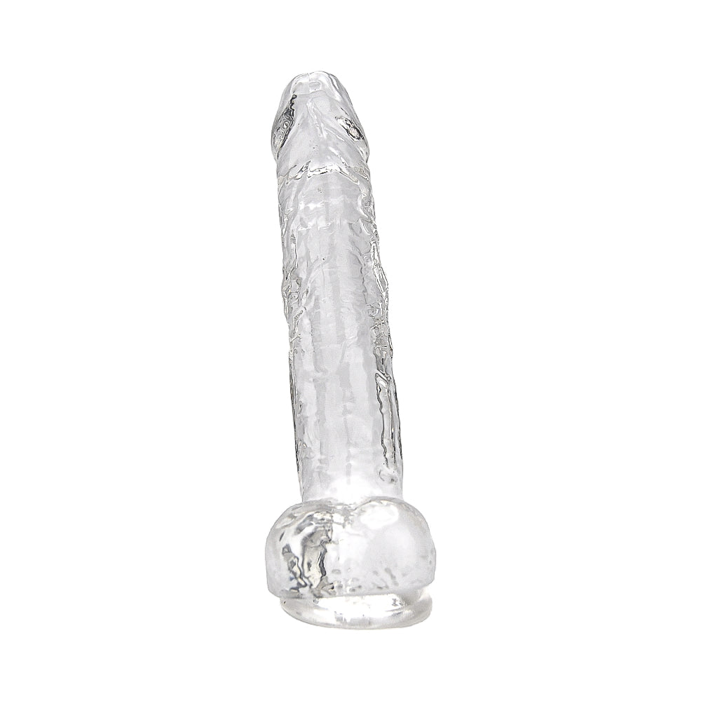 Clear 8-inch Loving Joy dildo with balls, realistic design, smooth texture, and detailed base, ideal for adult pleasure.
