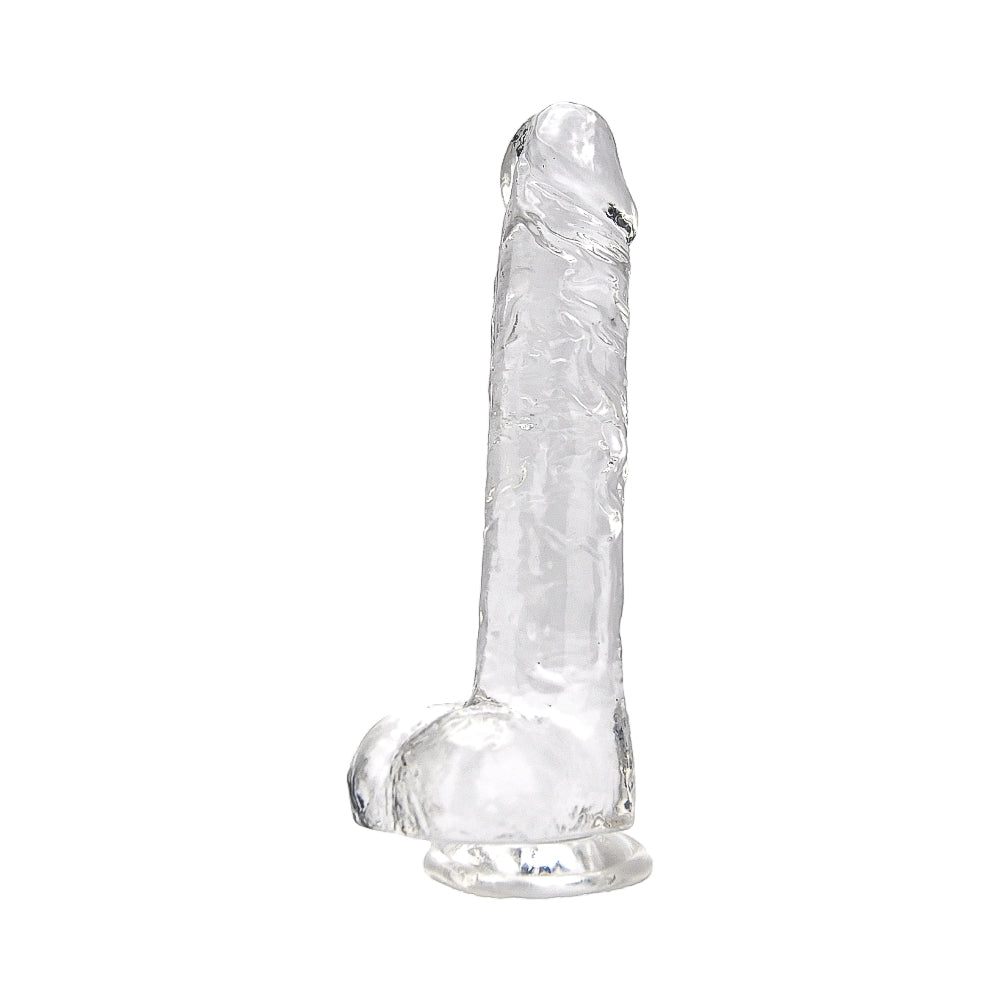 Clear Loving Joy 8-inch dildo with attached testicles, realistic design, and smooth surface for intimate use.