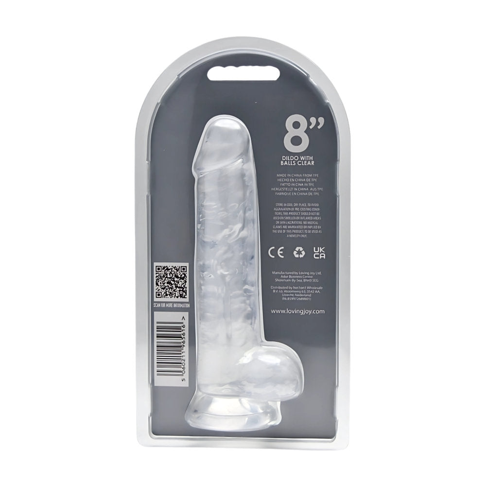 Clear Loving Joy 8-inch dildo with balls, featuring realistic details and smooth texture for intimate pleasure.