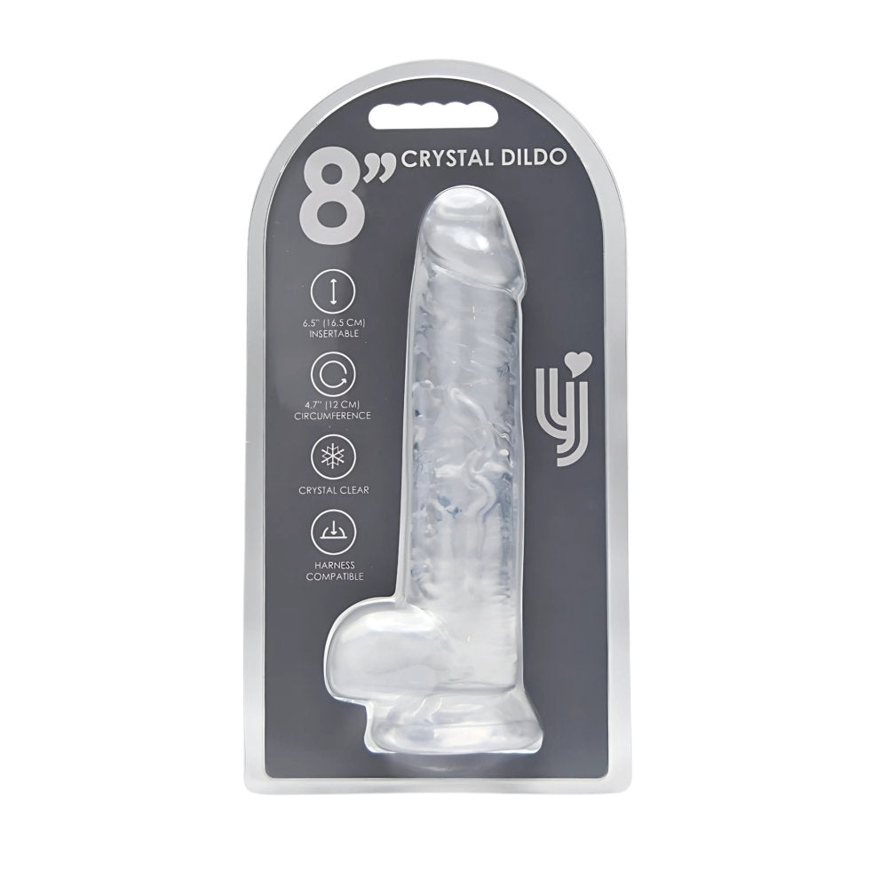 Clear Loving Joy 8-inch dildo with realistic balls, made of body-safe material, designed for adult pleasure and comfort.