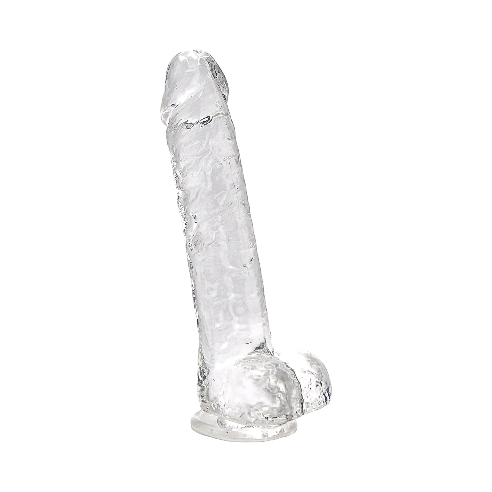 Clear Loving Joy 8-inch dildo with balls, realistic silicone design, detailed texture, and flexible shaft for intimate pleasure.