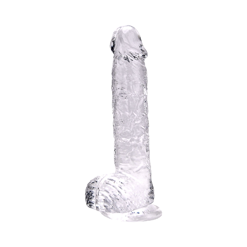Clear Loving Joy 9-inch dildo with balls, made of soft, realistic material, designed for adult pleasure.