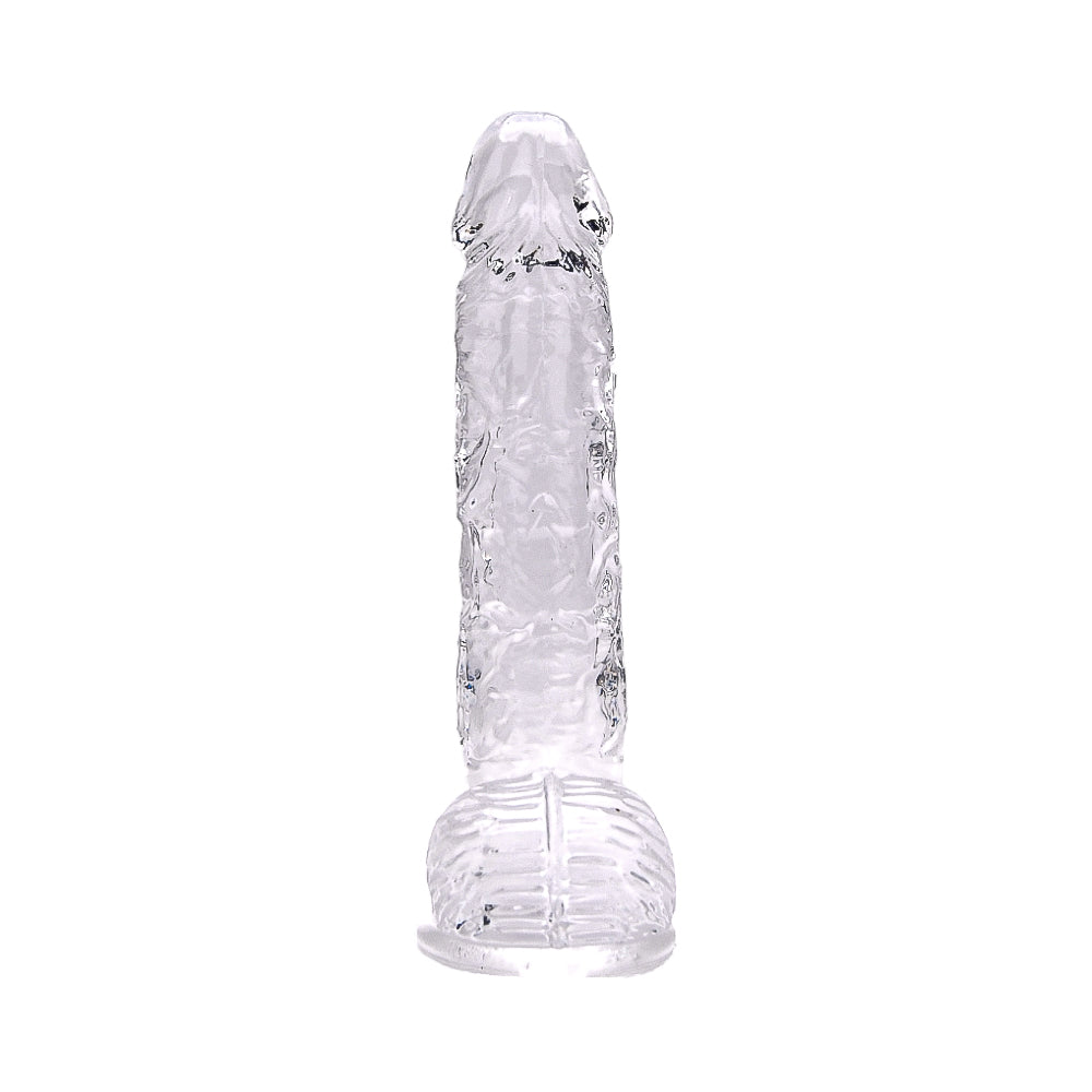 Clear Loving Joy 9-inch dildo with balls, realistic design, smooth texture, and detailed features, ideal for personal pleasure.