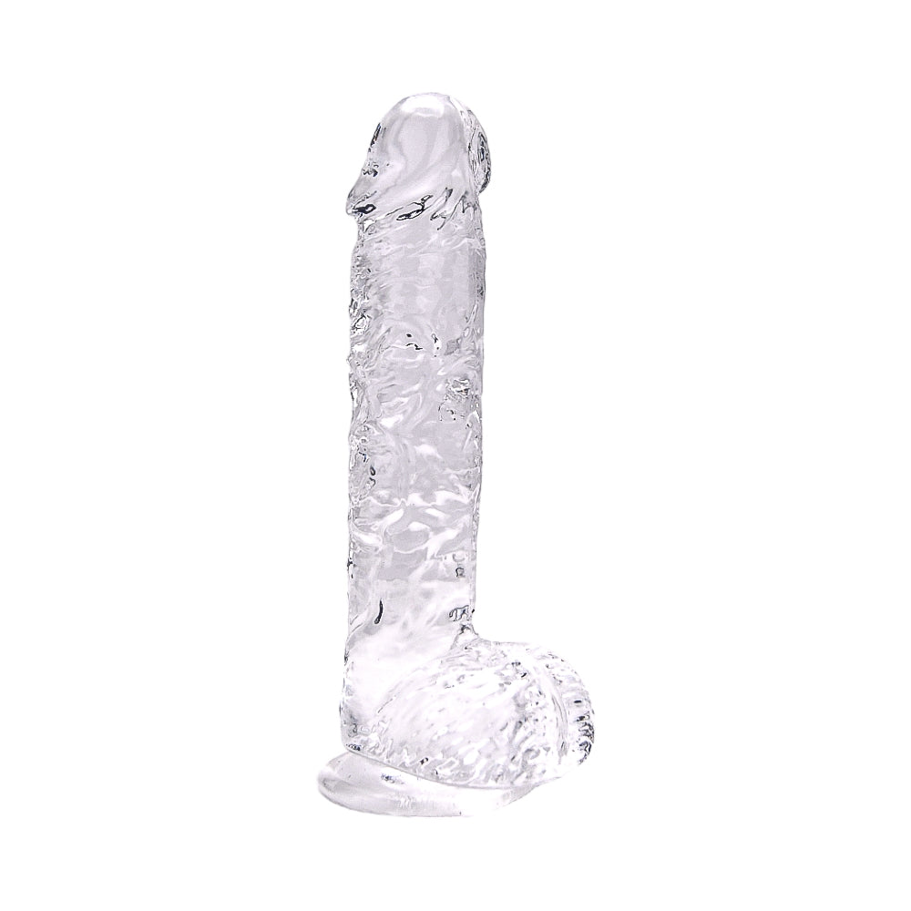 Clear Loving Joy 9-inch dildo with balls, realistic design, soft texture, and detailed features for intimate use.