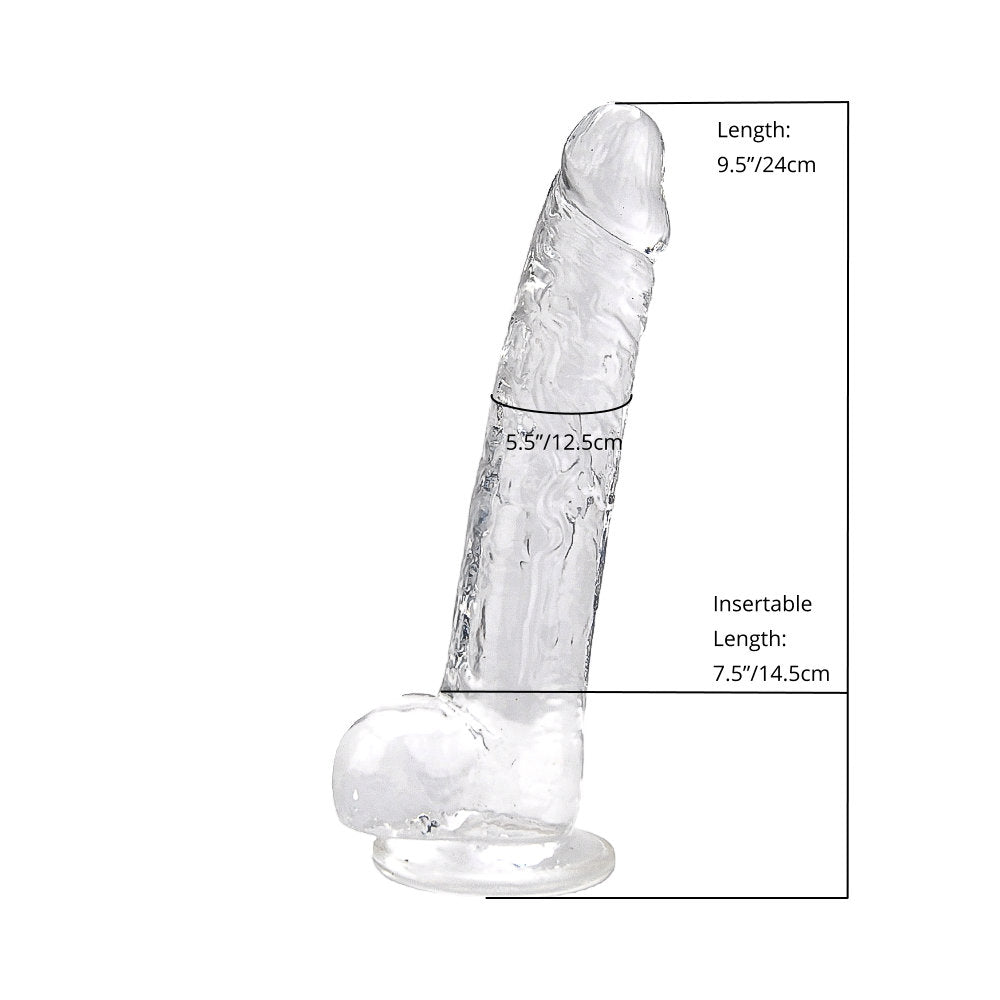 Clear Loving Joy 9-inch dildo with balls, realistic design, and detailed measurements for adult pleasure.
