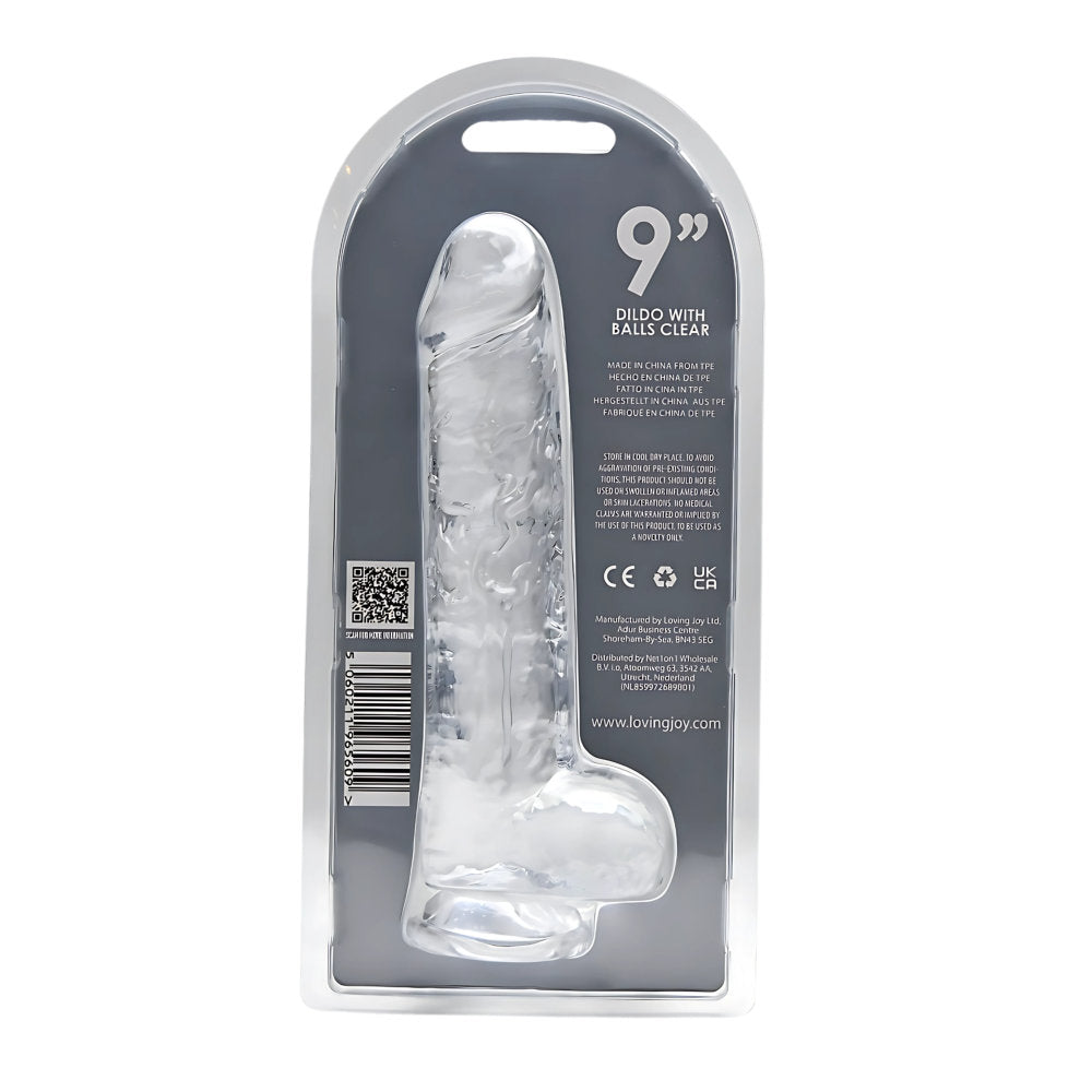 Clear Loving Joy 9-inch dildo with balls, realistic design, smooth texture, and detailed features for adult pleasure.