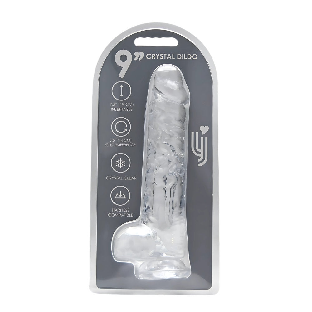 Clear Loving Joy 9-inch dildo with balls, realistic design, and smooth texture, ideal for adult pleasure and intimate use.
