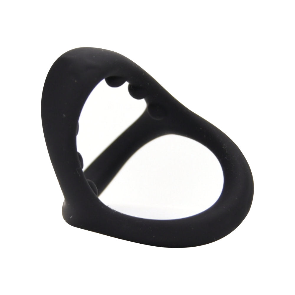 Loving Joy silicone triple cock ring in black, showcasing its flexible design and three-ring structure on a neutral background.