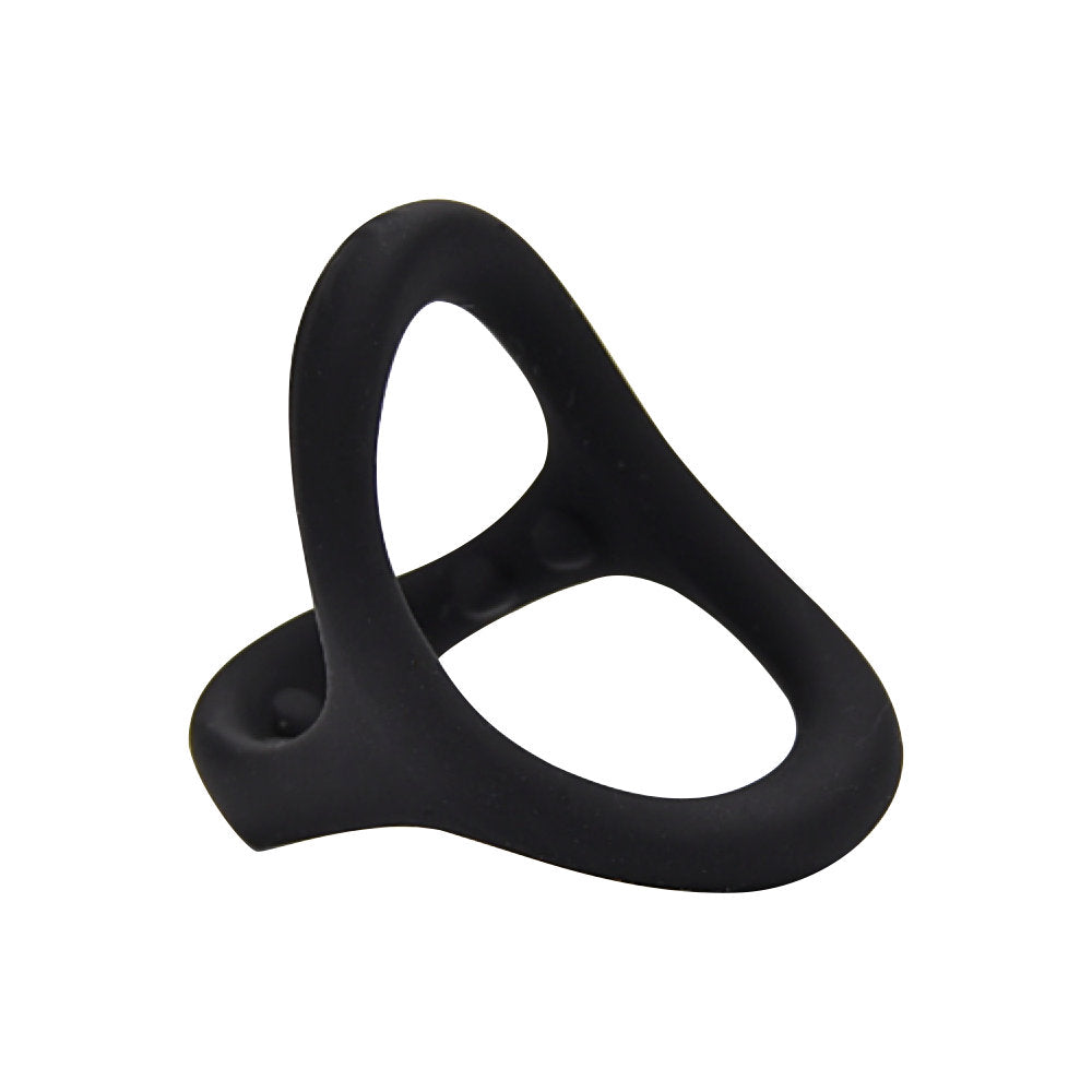 Loving Joy silicone triple cock ring in black, showcasing three interlinked rings designed for enhanced pleasure.