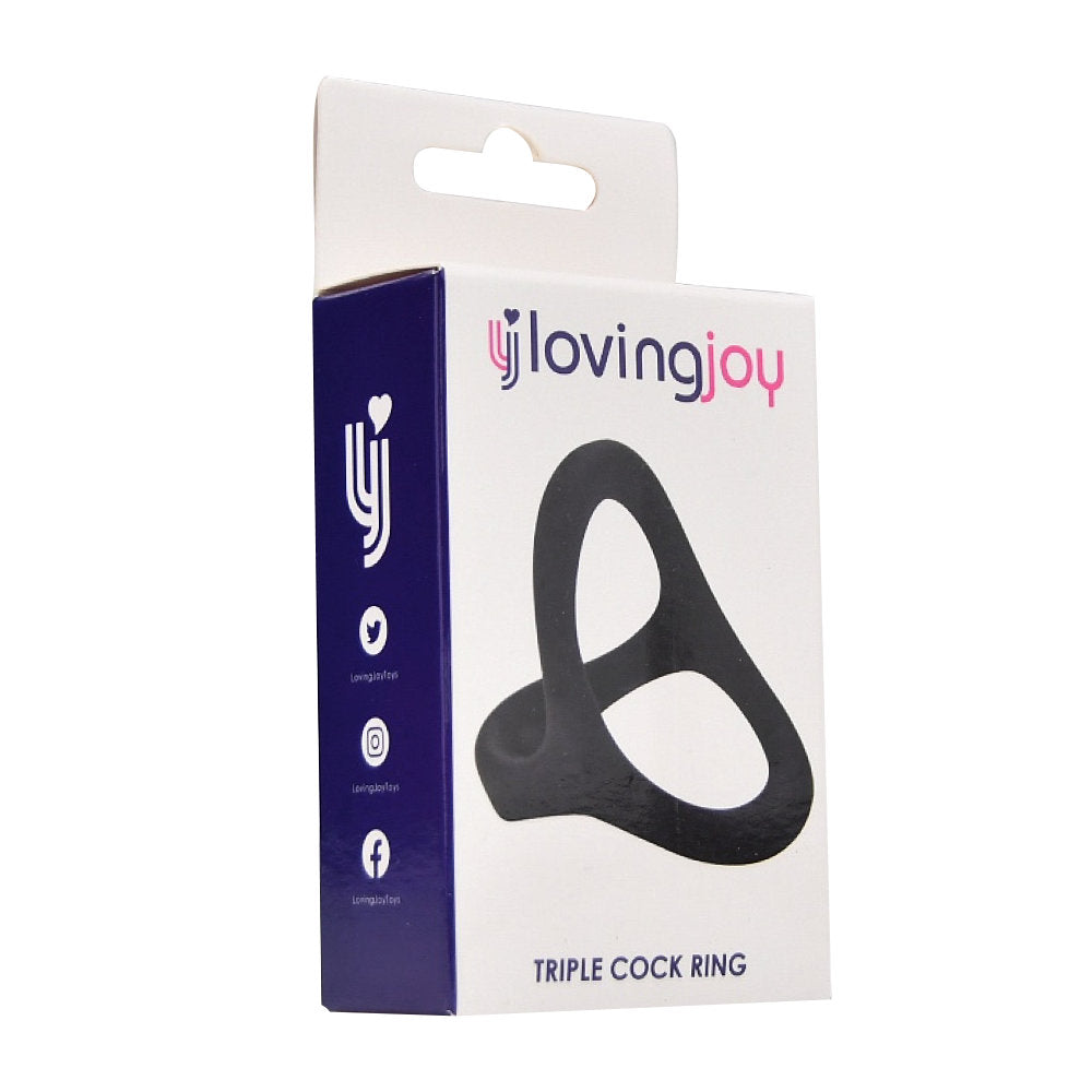 Loving Joy silicone triple cock ring set featuring three interconnected rings in a sleek design.