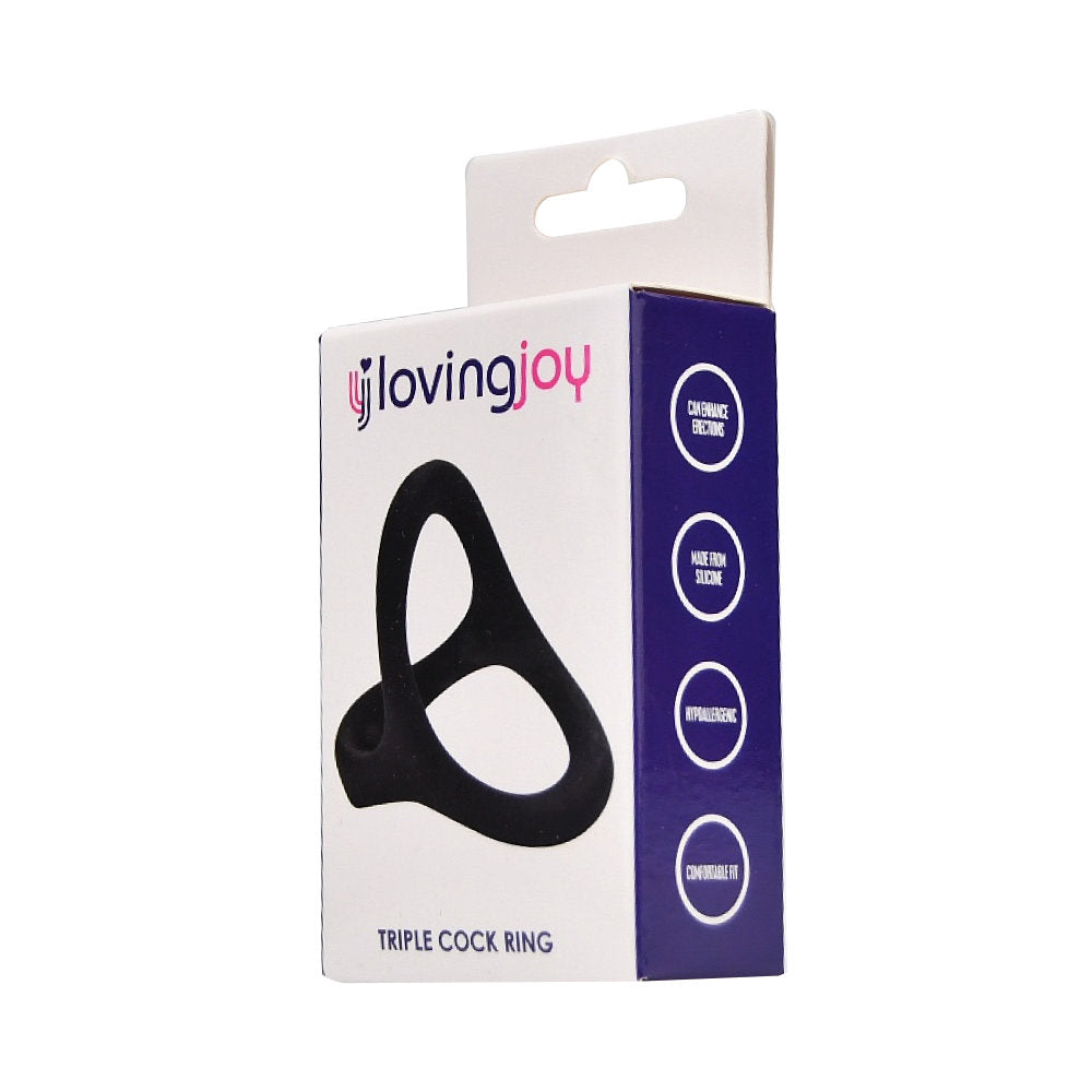 Loving Joy silicone triple cock ring in black, featuring three interconnected rings for enhanced support and comfort.