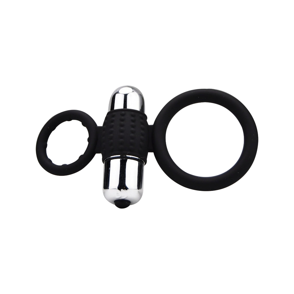 Loving Joy silicone vibrating cock and ball ring shown on a model, highlighting its flexible design and vibrating features.