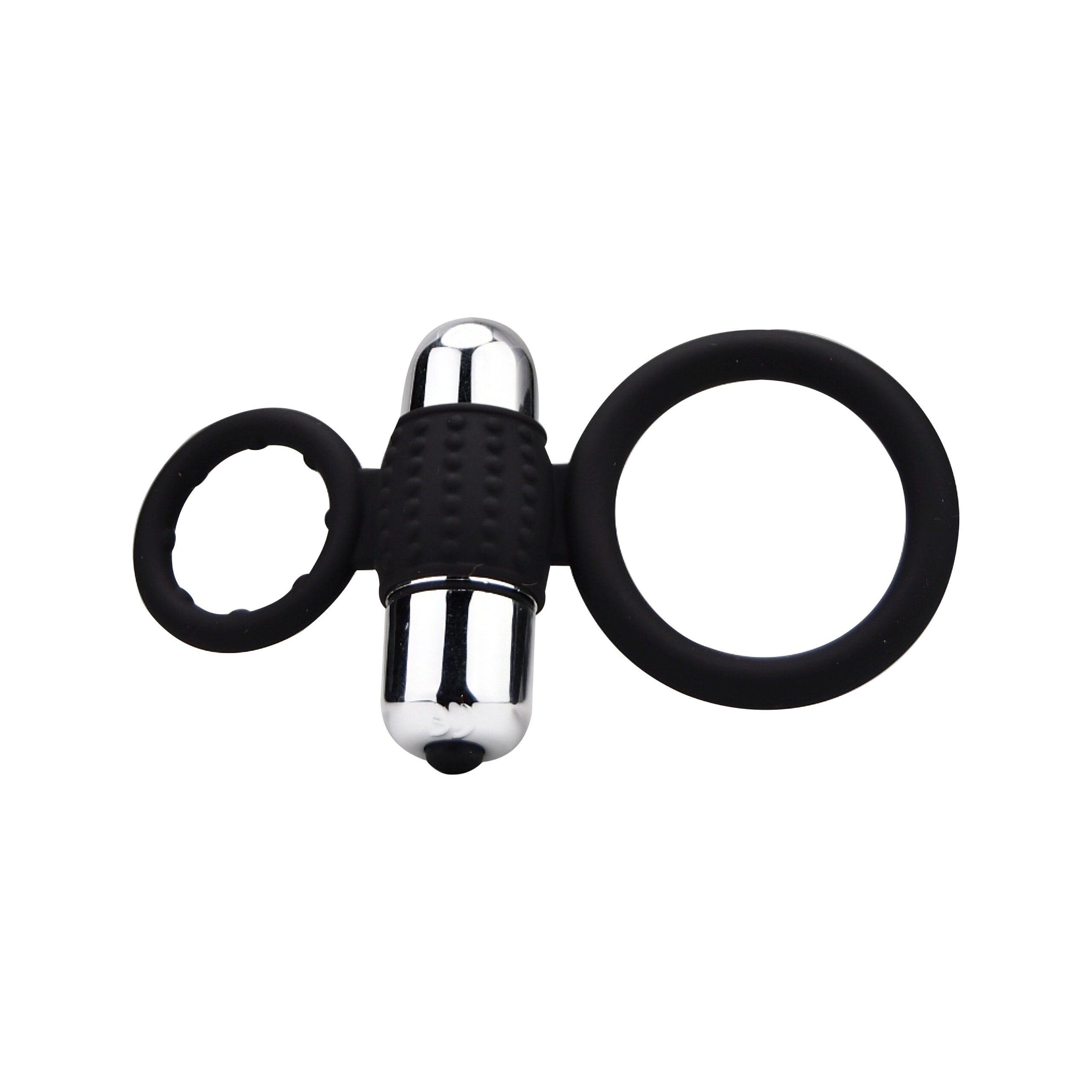 Loving Joy silicone vibrating cock and ball ring shown on a model, highlighting its flexible design and vibrating features.
