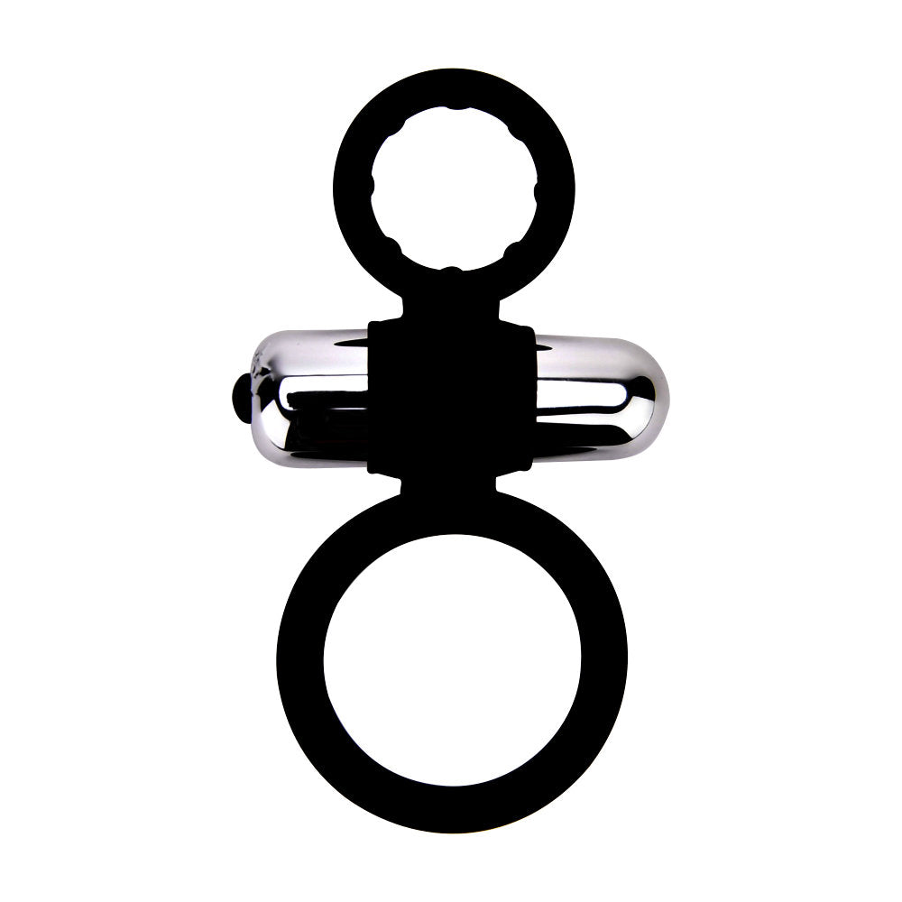 Loving Joy silicone vibrating cock and ball ring shown on a model, highlighting its flexible design and textured surface.