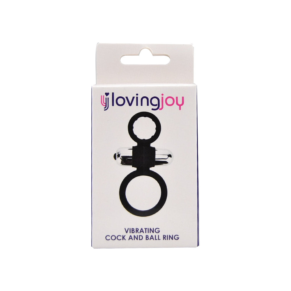 Loving Joy silicone vibrating cock and ball ring showing a flexible, black silicone design with vibrating mechanism for enhanced pleasure.
