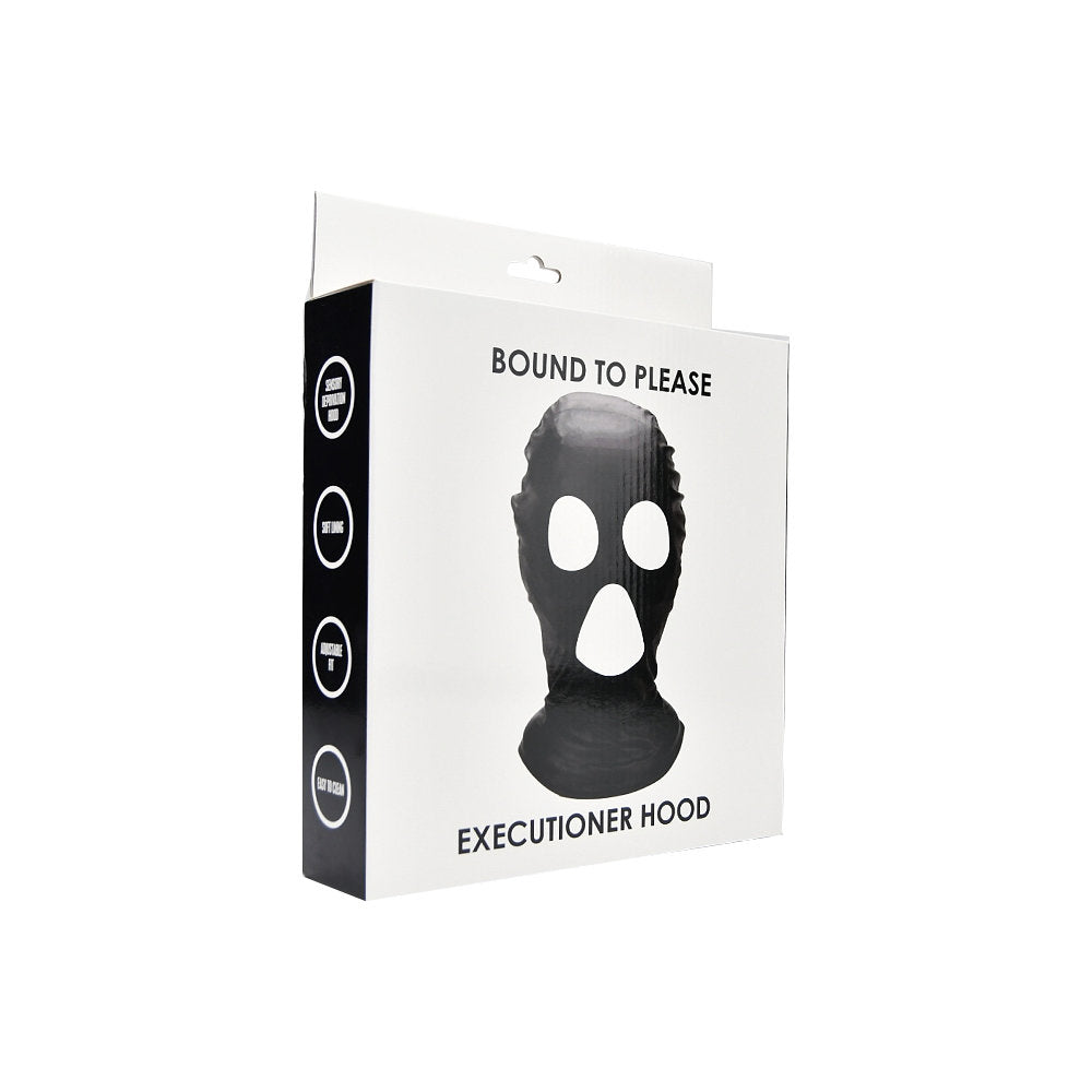 Bound to Please Executioner Hood, a black blindfold with adjustable straps, designed for sensory play and role-playing.