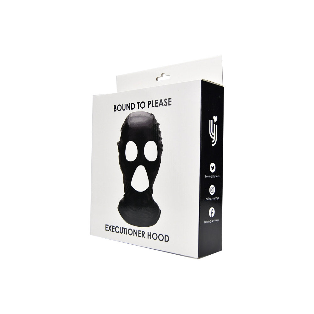 Bound to Please Executioner Hood blindfold, black fabric with adjustable strap, designed for sensory deprivation and role-play.